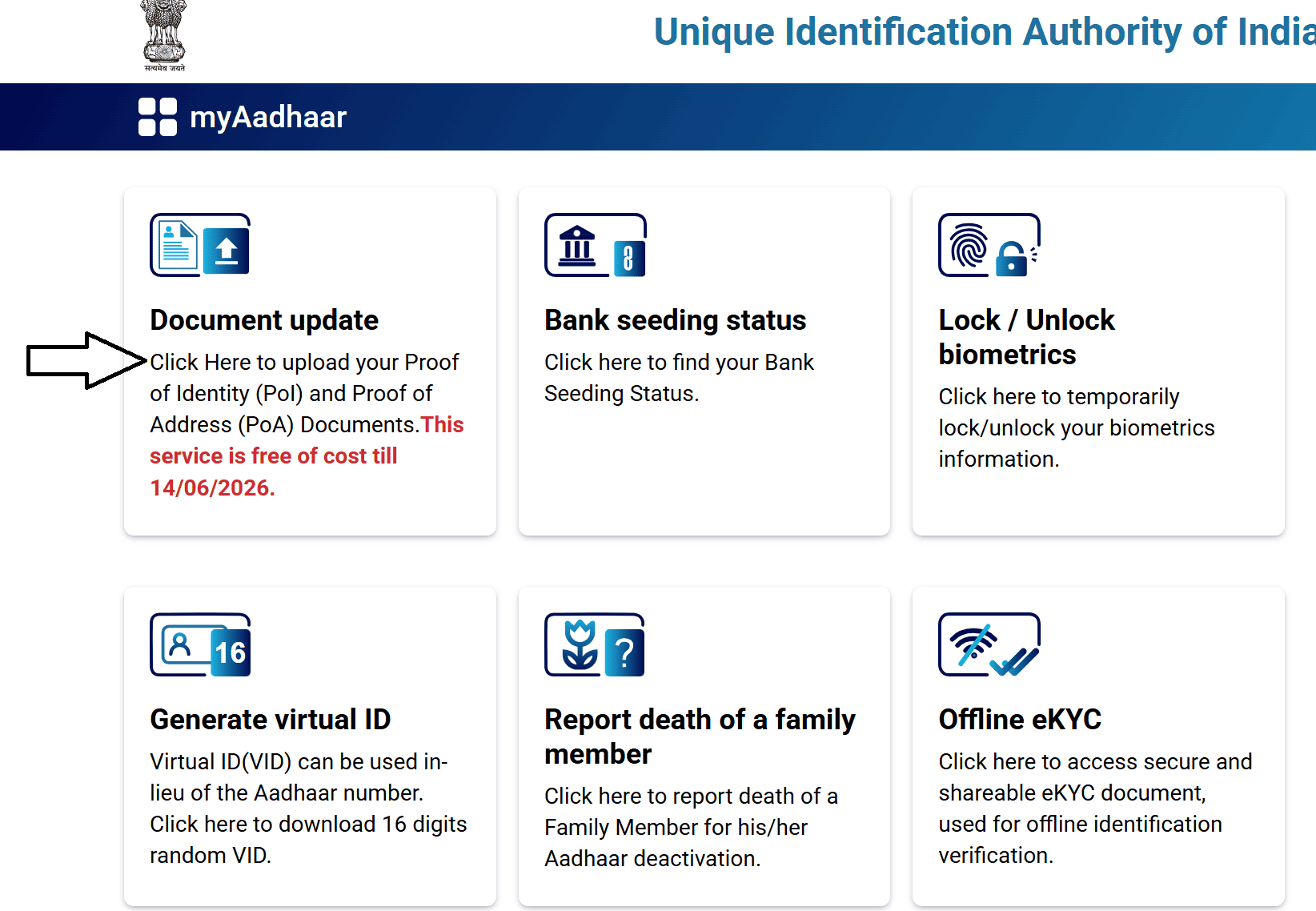 Screenshot of the myAadhaar dashboard with arrow pointing towards the "Document Update" option