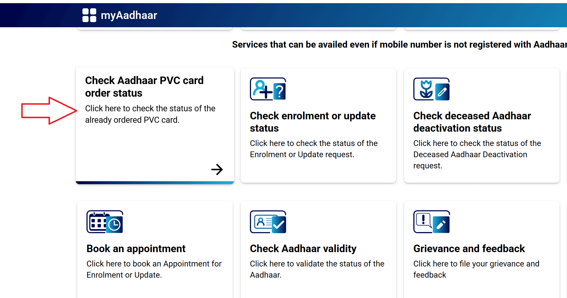 Arrow pointing towards "Check Aadhaar PVC card order status" option on myAaddhar homepage