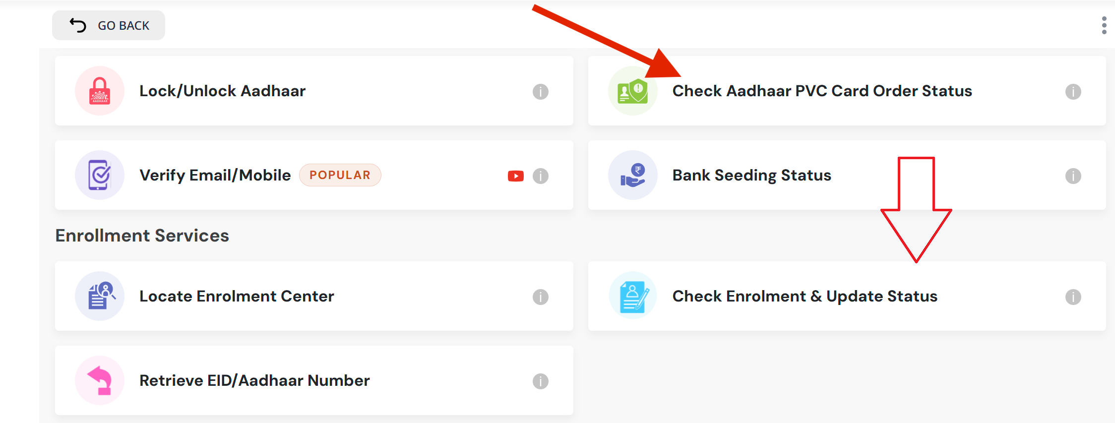 Arrow pointing towards "Check Enrolment & Update Status" and "Check Aadhaar PVC Card Order Status" options on UMANG Web