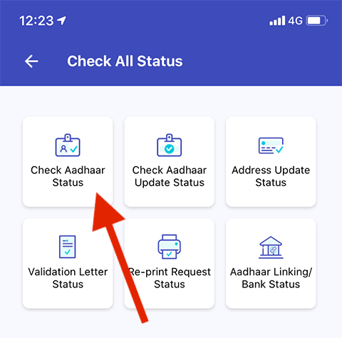 mAadhaar app screen highlighting the "Check Aadhaar Status" option with an arrow