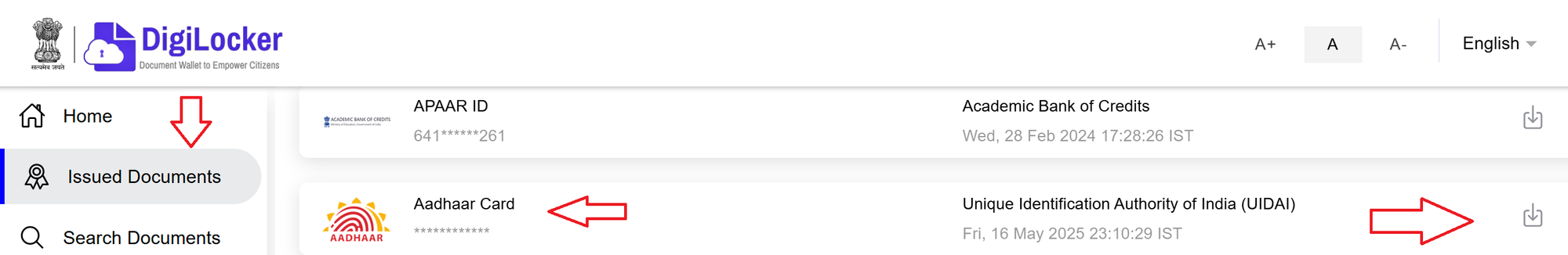 DigiLocker Issued Documents section with an arrow pointing to the Aadhaar Card download button icon