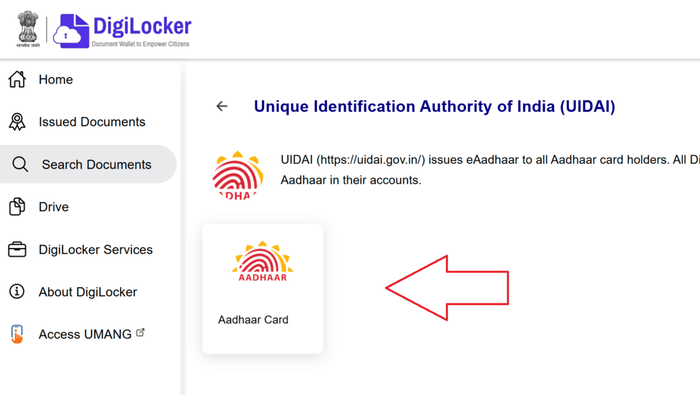 Screenshot of DigiLocker webpage with an arrow pointing to the Aadhaar Card option