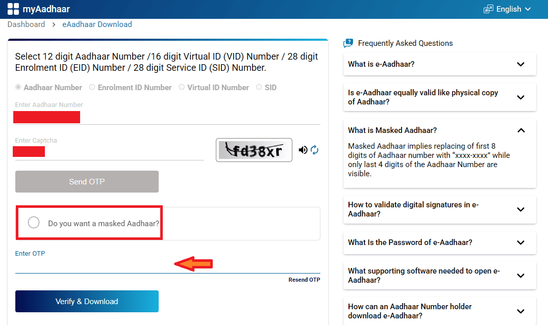 MyAadhaar Download Aadhaar page with Aadhaar number, Enrolment ID, and Virtual ID input fields, captcha, Masked Aadhaar Card radio button, and Enter OTP input field