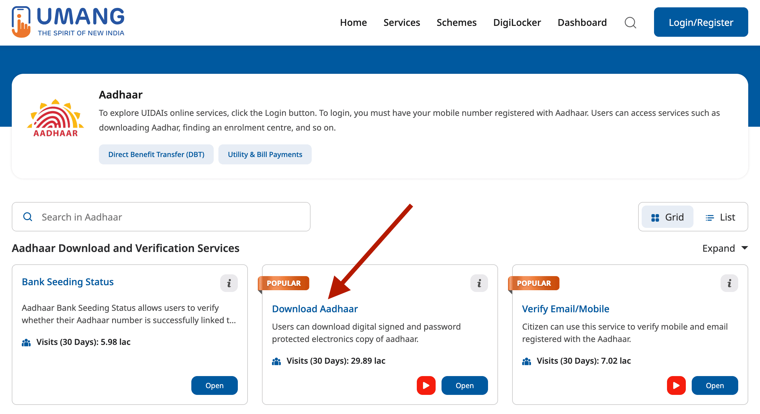 Screenshot of the UMANG website with an arrow pointing to the Download Aadhaar option