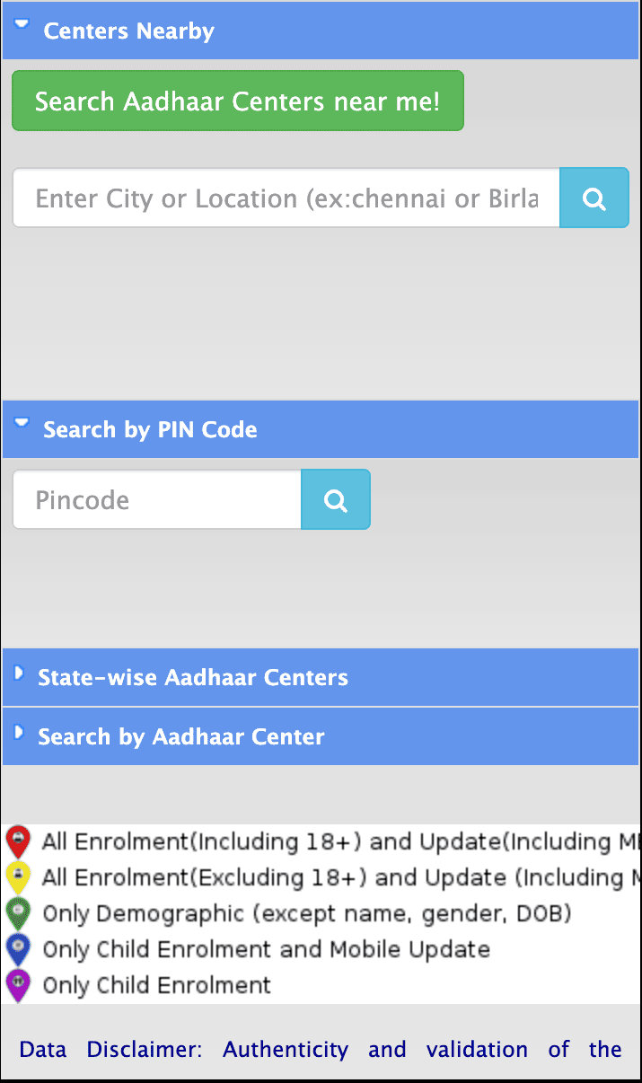 UIDAI Aadhaar Seva Kendra (ASK) locator page showing various search methods including search by PIN code, find centers nearby using GPS, and state-wise Aadhaar centers option