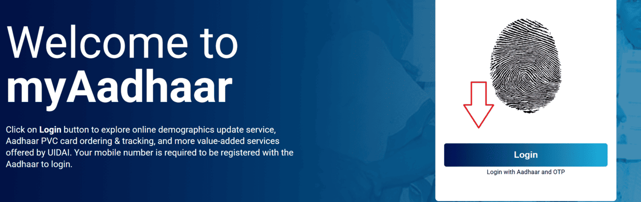 MyAadhaar UIDAI portal homepage showing the Login button location