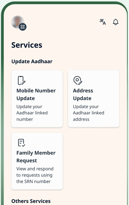 Screenshot of the Aadhaar app's Services section with the "Update Mobile Number" option