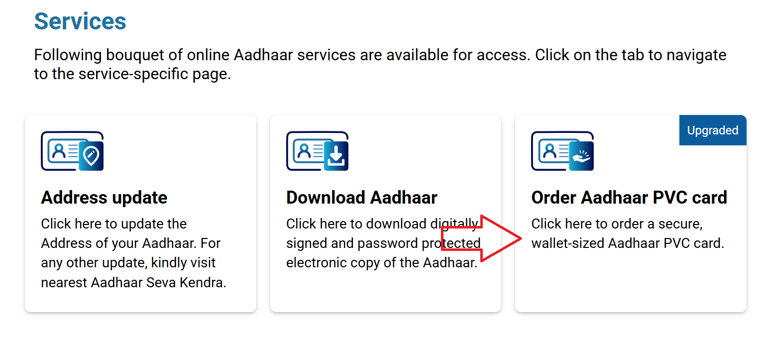 myAadhaar portal dashboard highlighting the "Order Aadhaar PVC Card" option with an arrow
