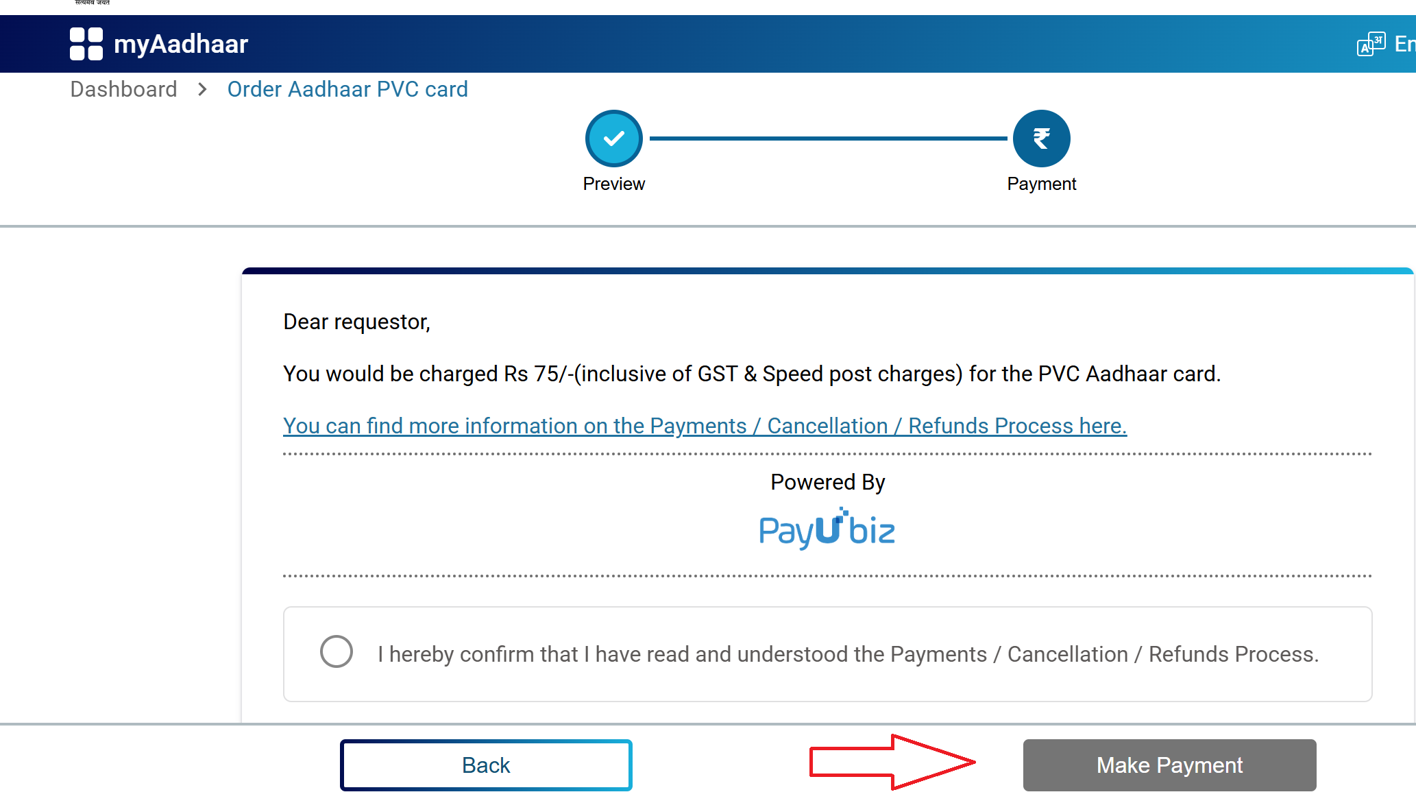 Aadhaar PVC card order payment page displaying charges and Make Payment button