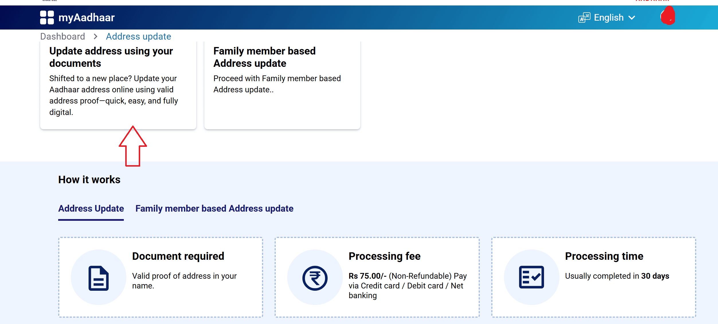 MyAadhaar Dashboard showing two address update options: "Update address using your own documents" and "Family member based address update.