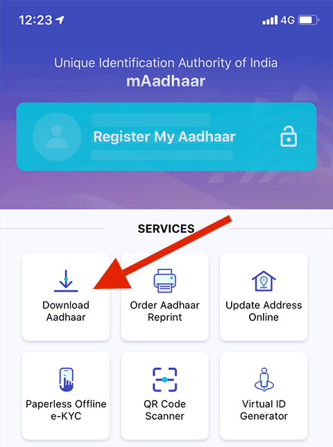 Arrow pointing towards mAadhaar App "Download Aadhaar" option