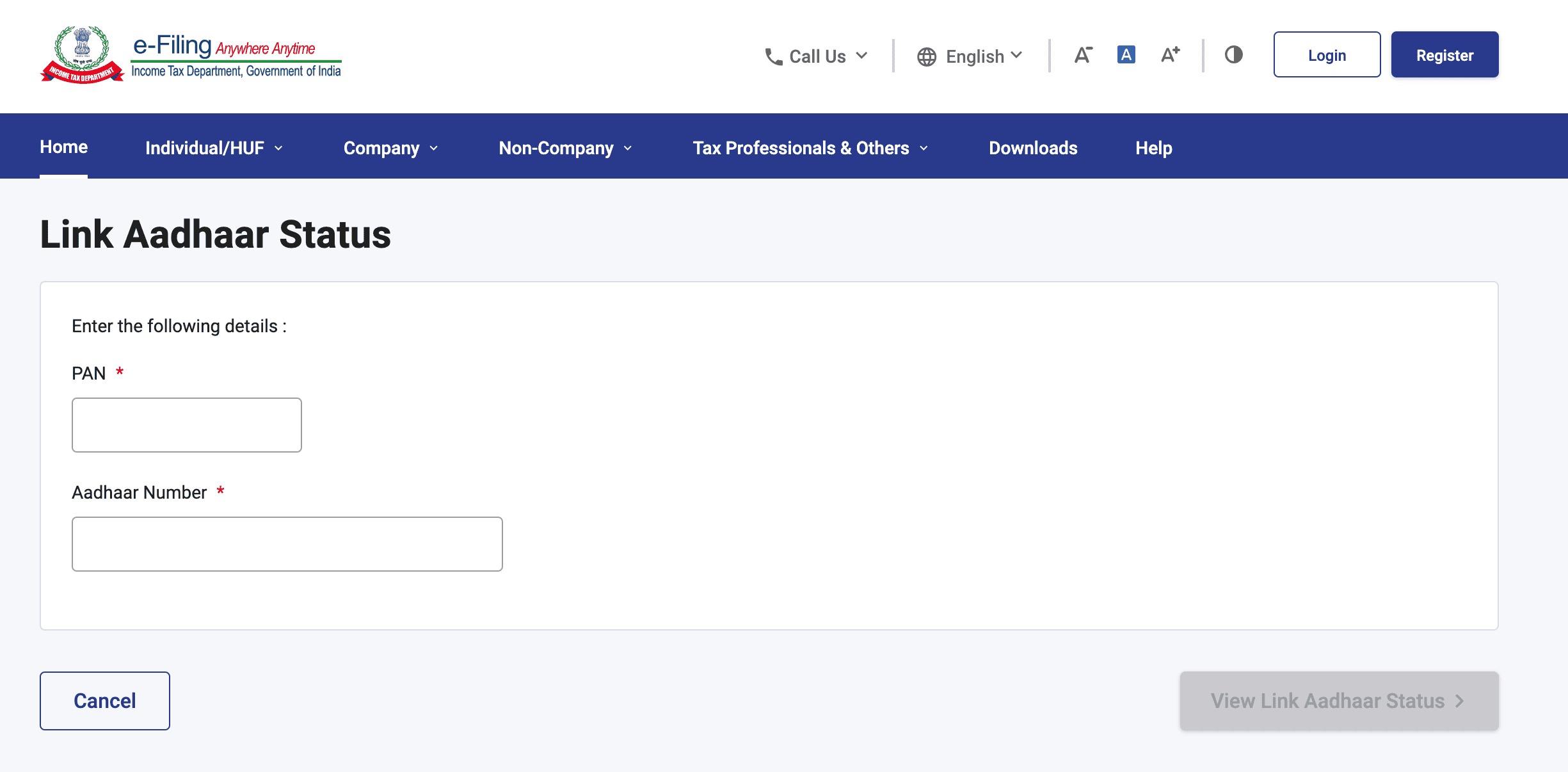 Screenshot of the Link Aadhaar Status page on incometax.gov.in showing input fields for PAN number and Aadhaar number, with a "View Link Aadhaar Status" button