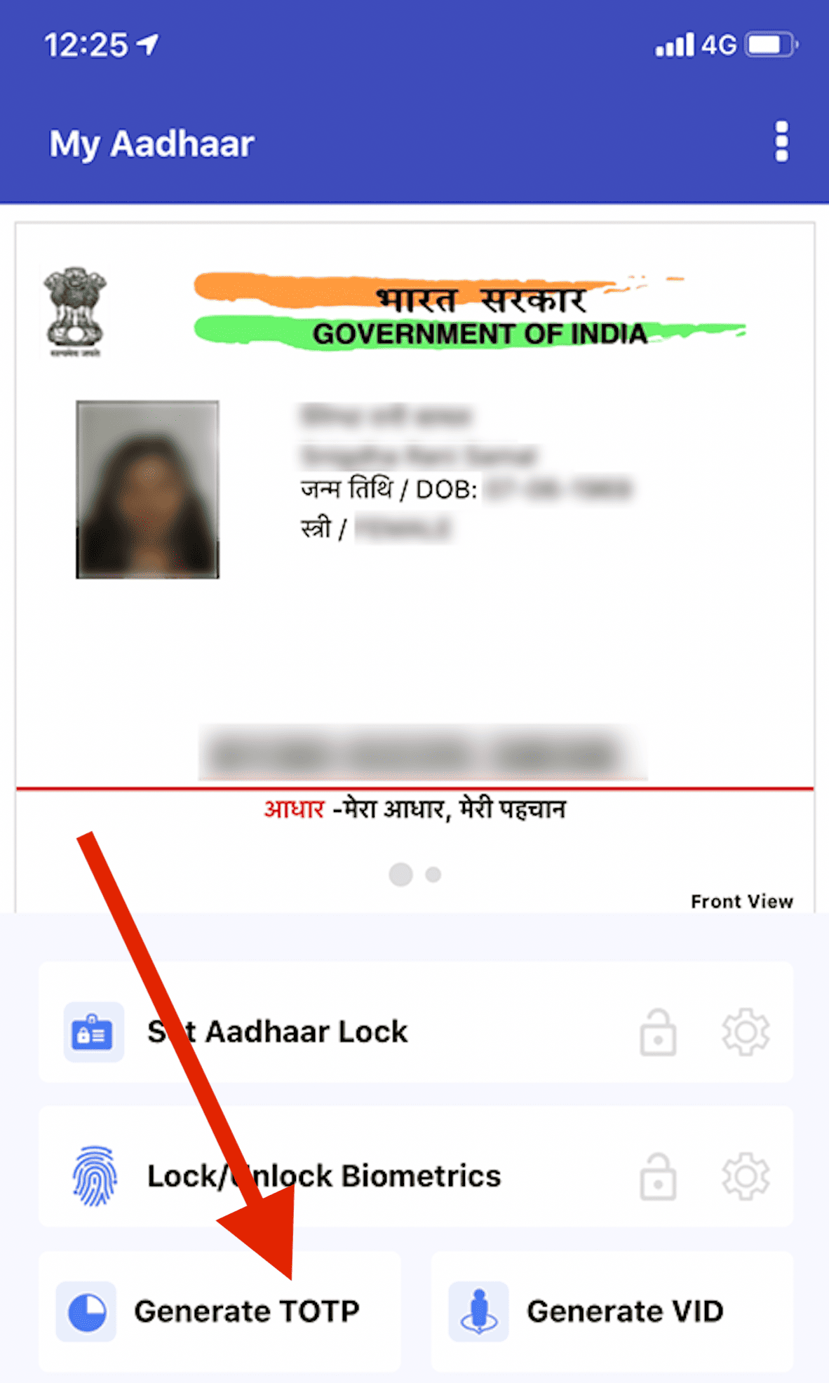 mAadhaar app screen displaying My Aadhaar section with a arrow pointing to the Generate TOTP option.