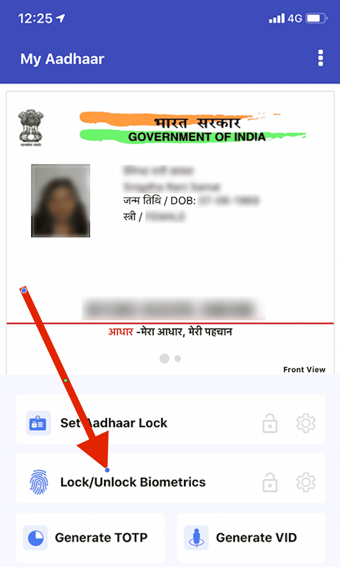 mAadhaar app screen showing My Aadhaar section with a arrow pointing to the Lock/Unlock Biometrics option