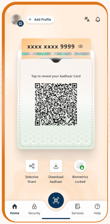 Screenshot of an Aadhaar app home screen displaying a masked Aadhaar number, QR code for verification, and options for selective share, download Aadhaar, and biometrics lock