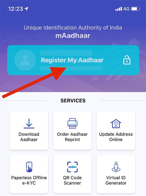 mAadhaar app home screen showing the Register My Aadhaar section with a red arrow pointing toward the option to add an Aadhaar number.