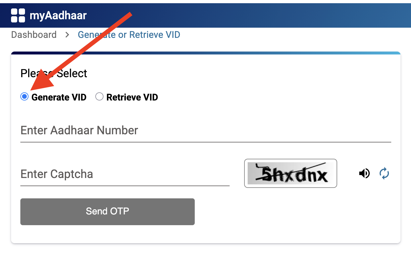 Screenshot of Aadhaar Generate / Retrieve VID page showing an arrow pointing to the Generate VID radio button option