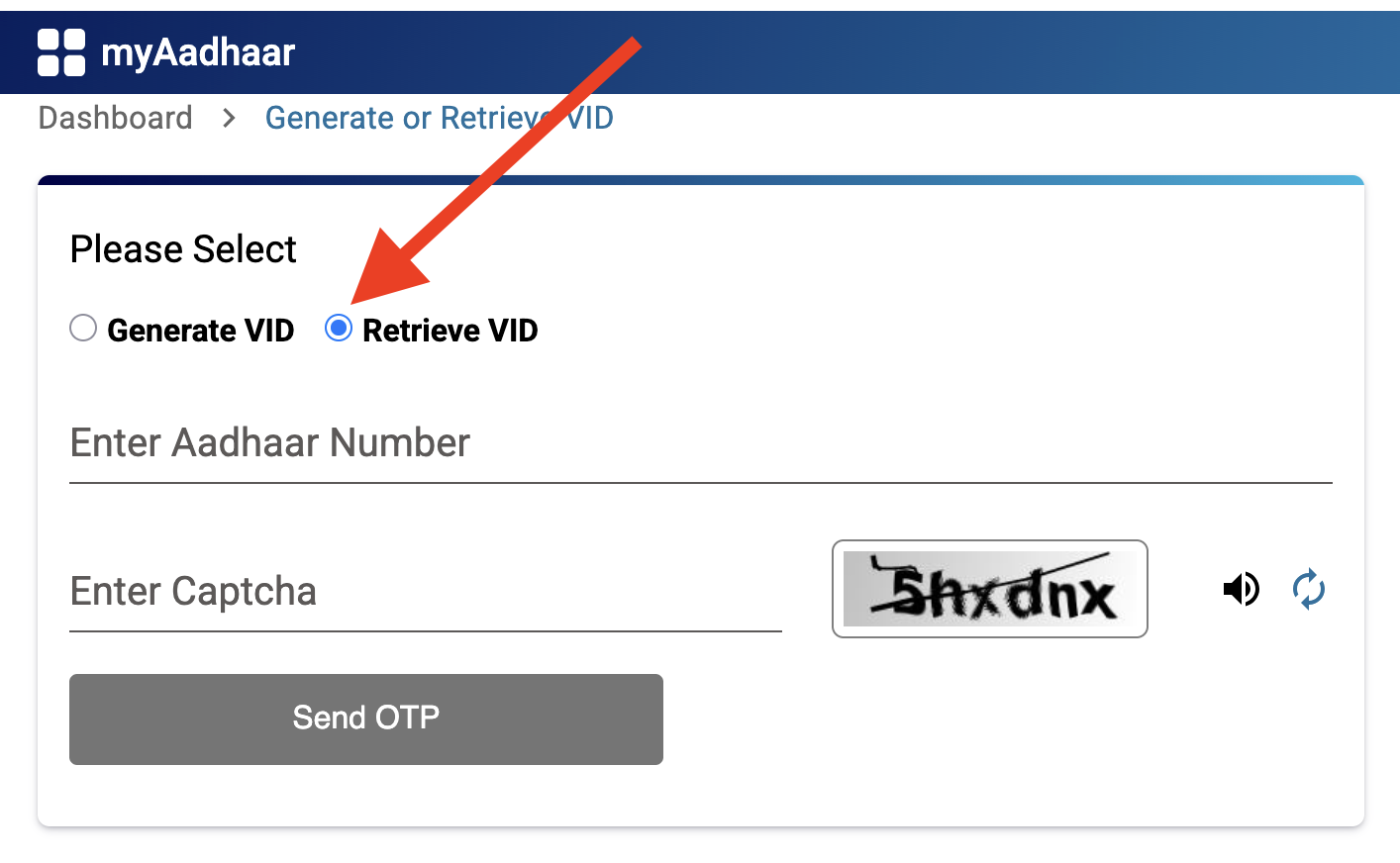 Screenshot of Aadhaar Generate VID page showing an arrow pointing to the Retrieve VID radio button option
