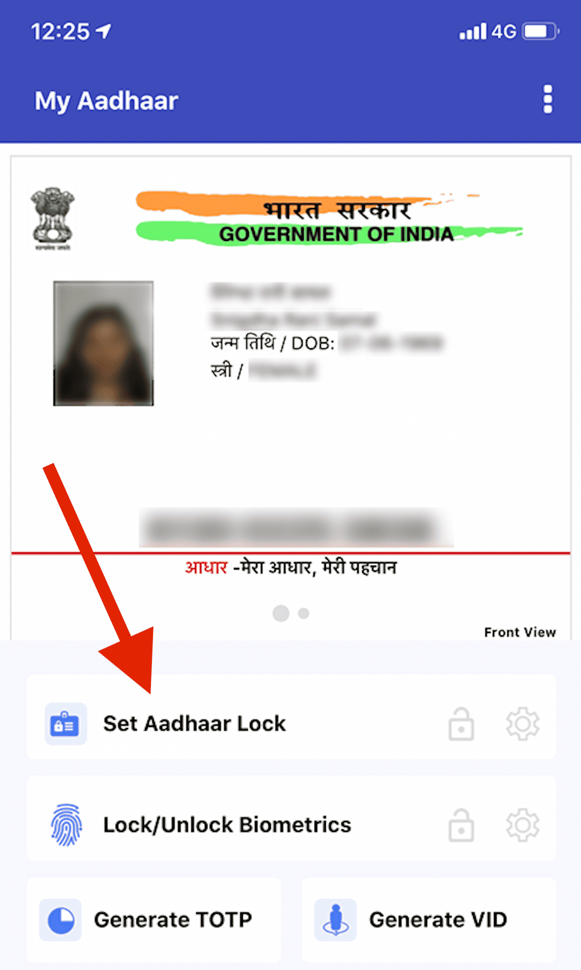 mAadhaar app screen showing My Aadhaar section with a arrow pointing to the Set Aadhaar Lock option
