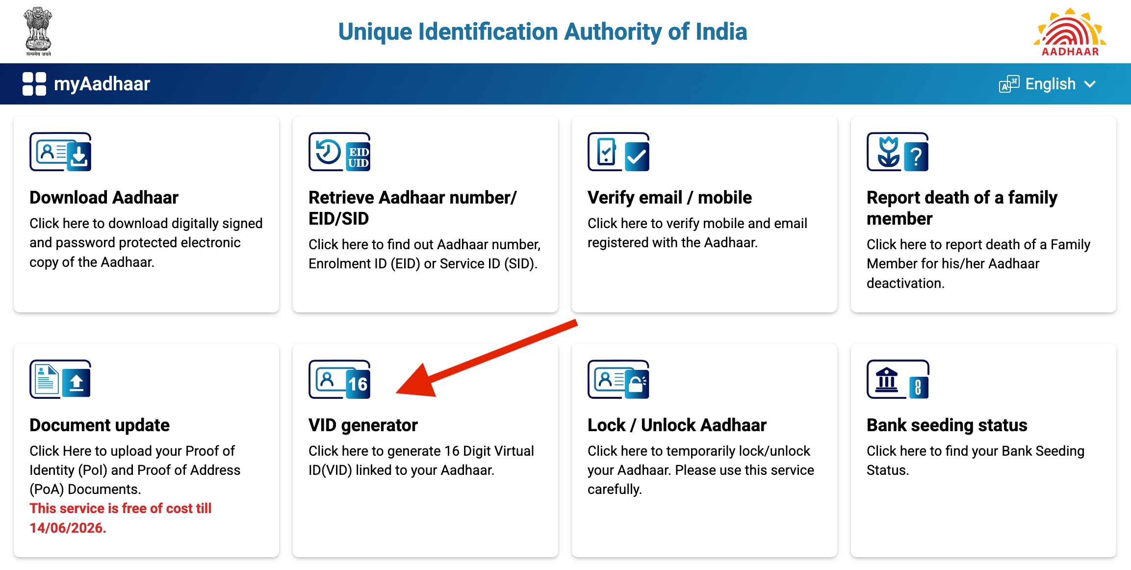 Screenshot of MyAadhaar portal homepage with arrow pointing to the VID Generator option