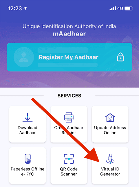 Screenshot of mAadhaar app home screen with an arrow pointing to the Virtual ID Generator option under Services