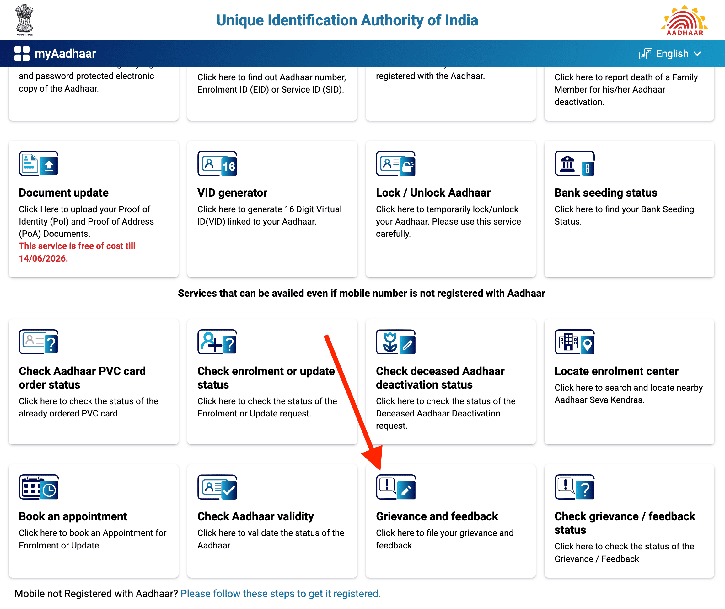 Screenshot of myAadhaar portal showing the Grievance and Feedback option with an arrow pointing to it