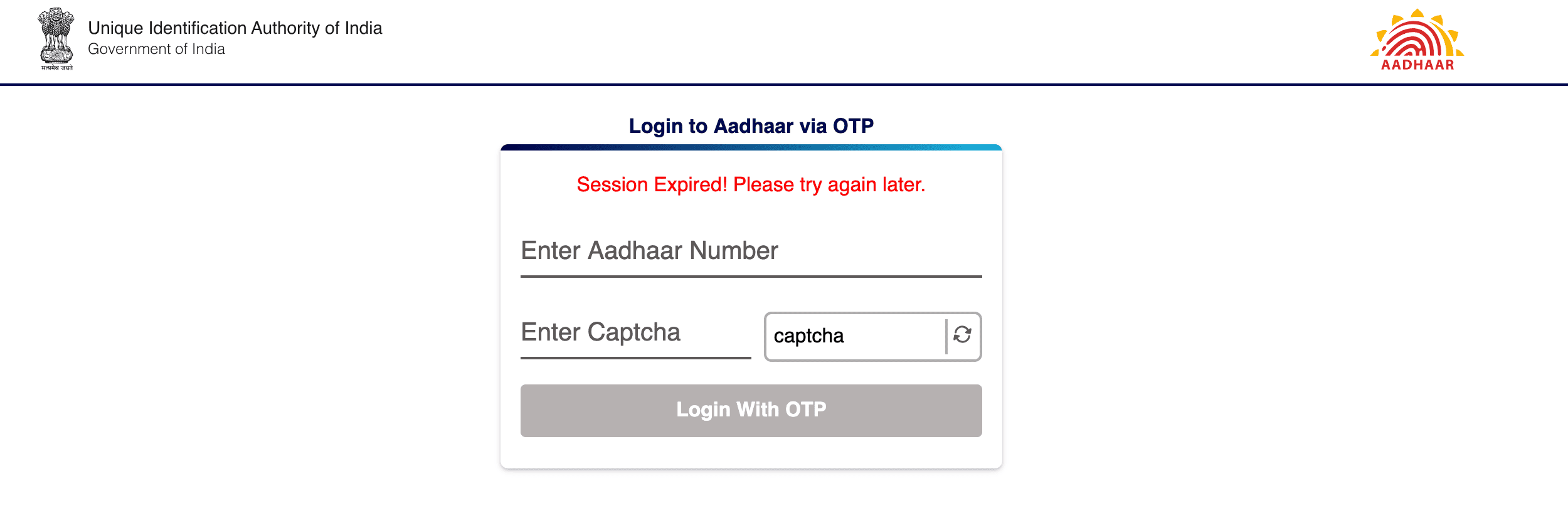 myAadhaar Login page showing Session Expired Notice